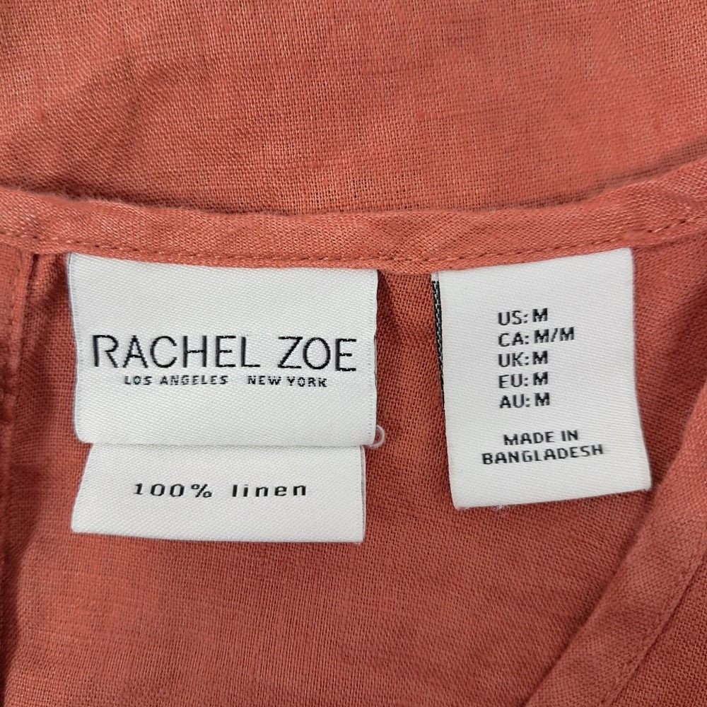 Rachel Zoe Top M Terracotta Coral Rose 100% Linen Front Tie Short Sleeve Blouse - Picture 3 of 6